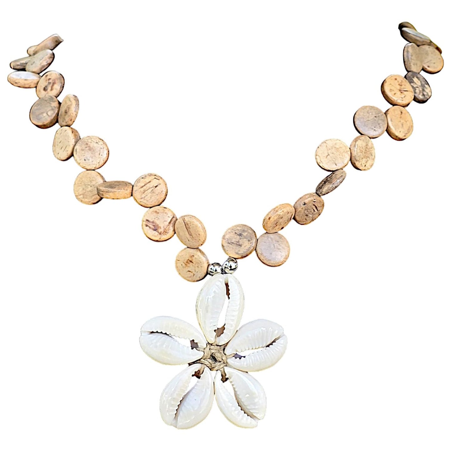 BlueRica Cowrie Shells Flower on Tan Coconut Shell Disc Beads Necklace