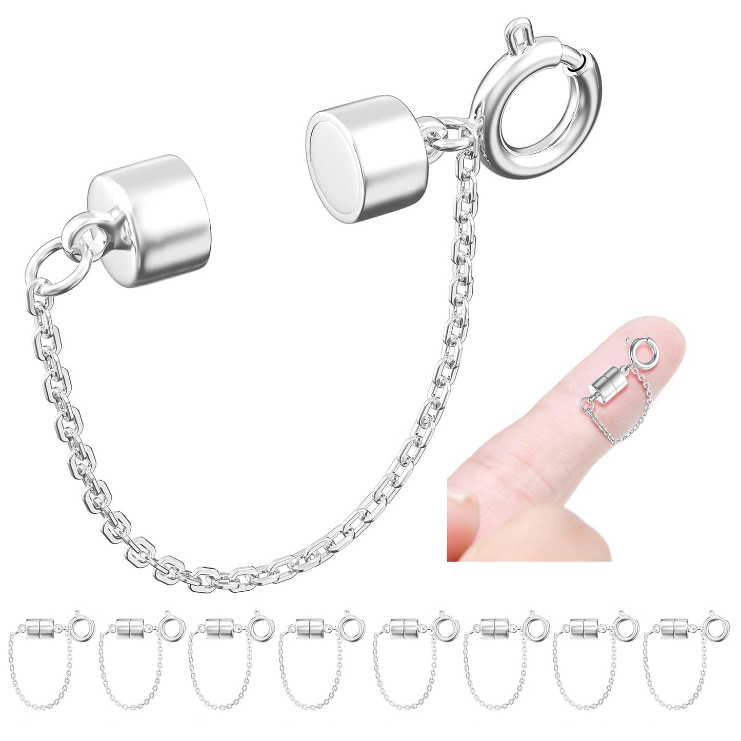 MKCYD 8Pcs Magnetic Bracelet Clasps and Closures with Safety Chain Never Fall Silver Bracelet Extender Converter Magnetic Clasps for Women