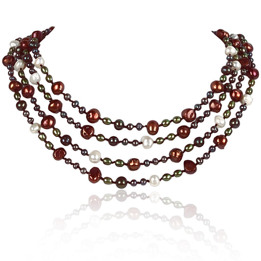 Handmade Freshwater Pearl Necklace – 4-Strand for Women 20" Elegant Long Adjustable Real Pearls Strand with Vintage Beaded Charms Baroque Pearl Luxury Jewelry Gift