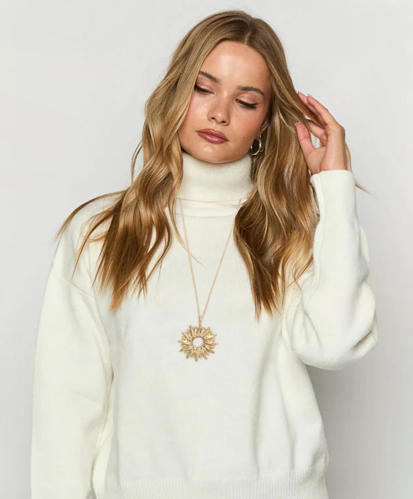 CANEVINKA 18K Gold Plated Vintage Large Sun Pendant Necklace for Women Long Sweater Chain Necklace Charm Sunflower Jewelry Gift