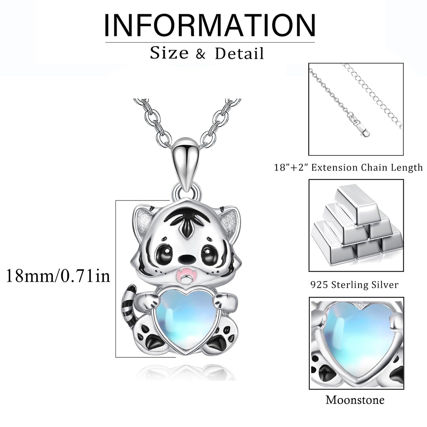 Dreamboat Tiger Pendant Necklace for Women 925 Sterling Silver Moonstone Animal Jewelry Gifts for Tigers Lovers