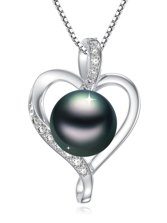 KANNSOAR 9MM Tahitian Black Pearl Heart Pendant Necklace Pearl Jewelry-Wedding Birthday Anniversary Valentines Day Christmas Mothers Day Gifts for Women Wife Mom Girlfriend Her