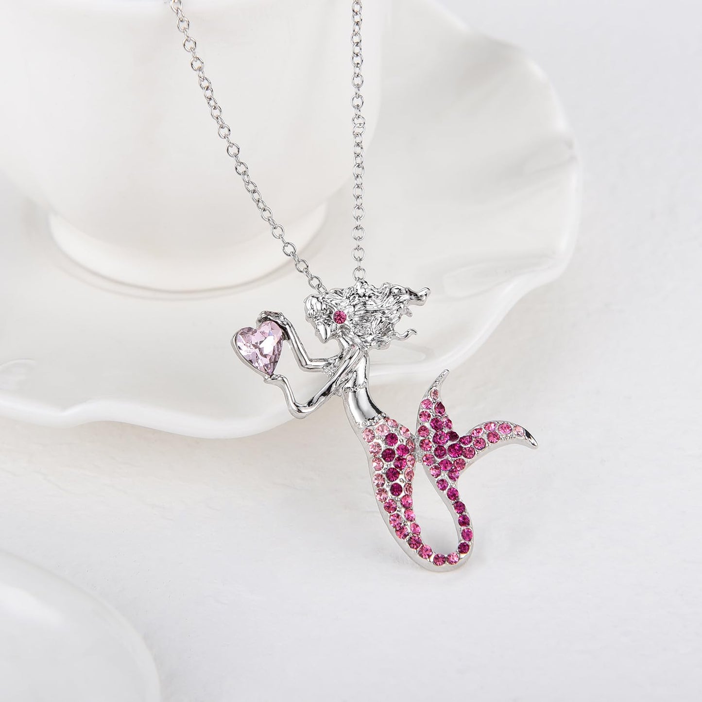 luomart Fashion Mermaid Birthstone Necklace Jewelry White Gold Plated Austrian Crystal Magic Pendant Gift (Pink)