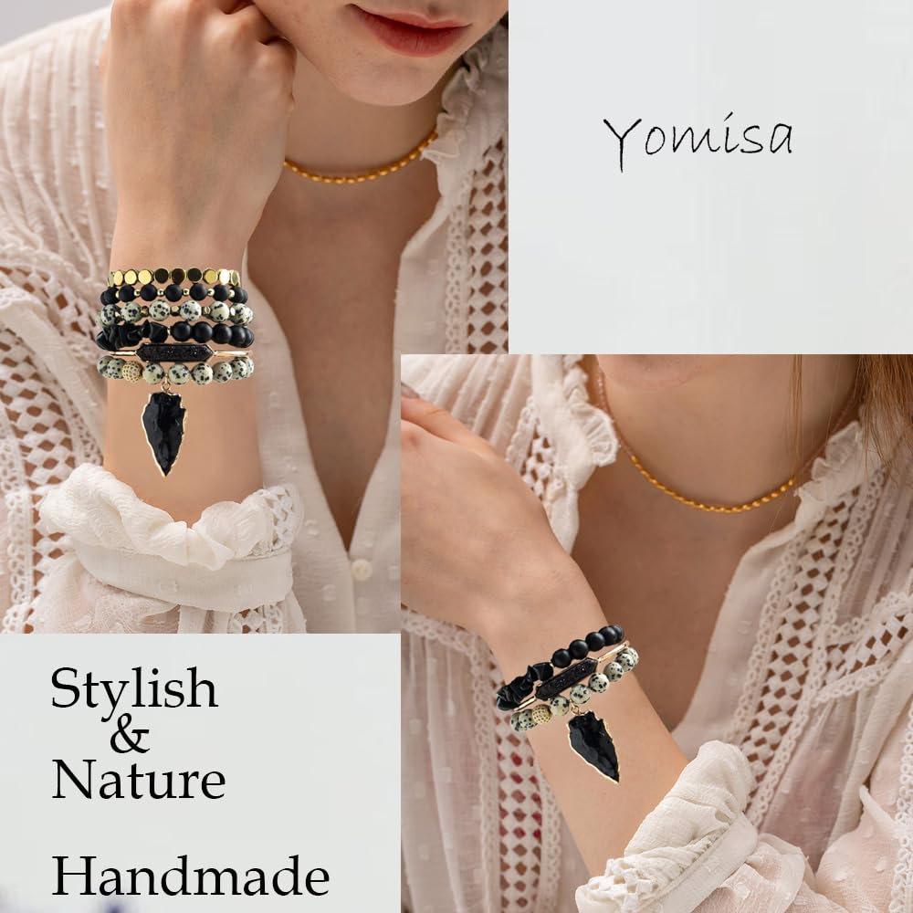 Yomisa Boho Beaded Bracelets/Bangle for Women,Multilayer Wrap 6PCS Healing Natural Jasper Stone Bead Bracelets Stackable Friendship Stretch Beaded Bracelet Set Trendy Bohemian Jewelry Gift for Women