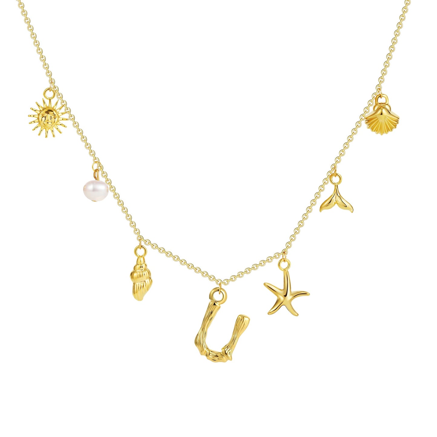 SLOONG Initial Charm Necklace 14K Gold Plated Letter Neckalce Freshwater Pearl Necklace Choker Boho Summer Seashell Beach Starfish Surfer Jewelry Gifts for Women U