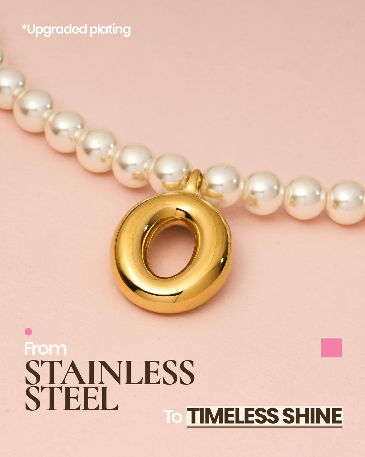 DoDoBeads Pearl Initial Necklace, 18K Gold Plated Stainless Steel Balloon Letter Pendant O, Non-Tarnish Waterproof Chunky Monogram Jewelry Gifts for Women Teens