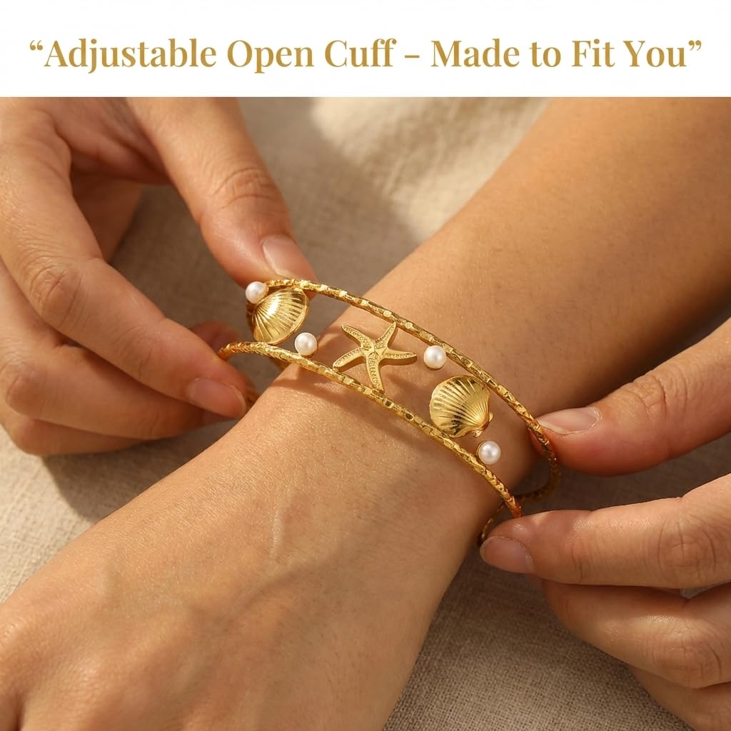MystiGlimmer Starfish Open Cuff Bracelet for Women 18K Gold Plated Stainless Steel, Adjustable Ocean-Inspired Arm Cuff, Waterproof, Hypoallergenic Beach Jewelry Gift