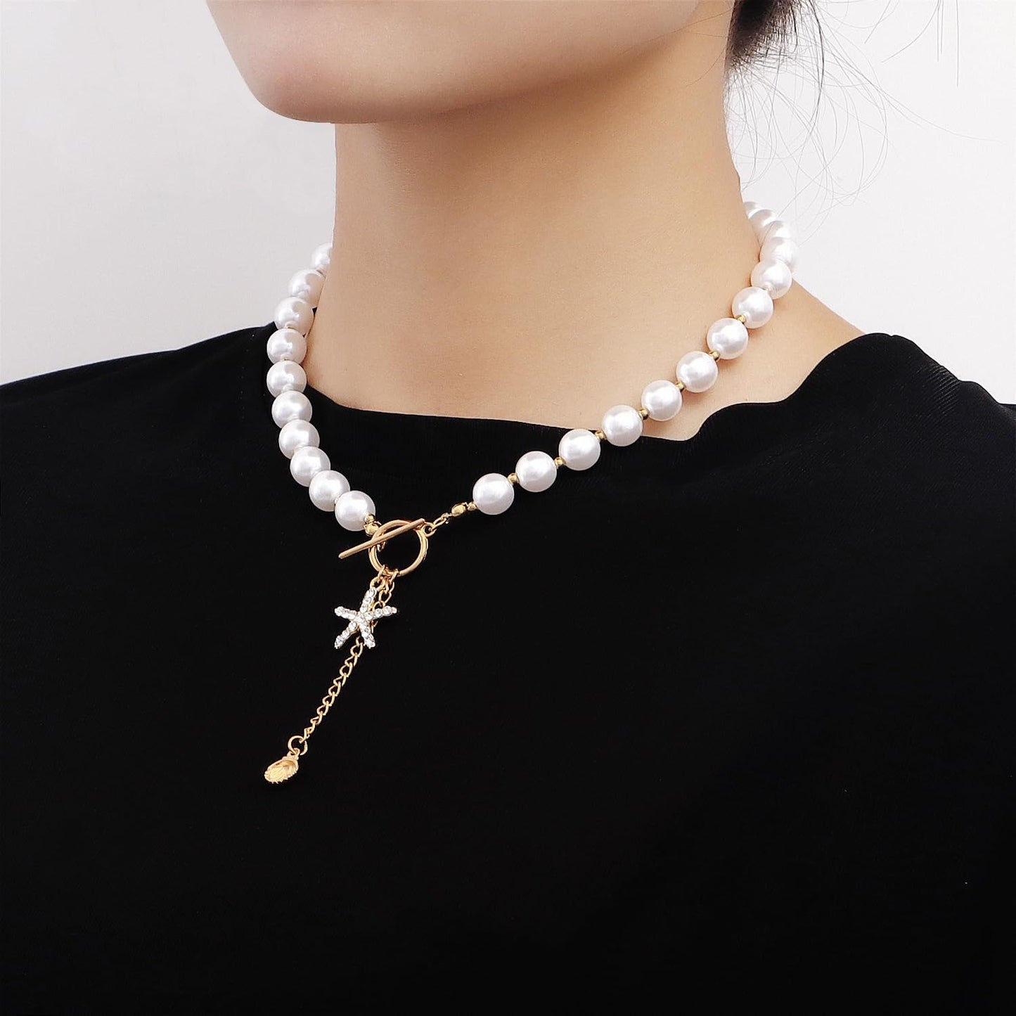 Lookray Starfish Necklace for Women Dainty Seashell Mermaid Charm Necklace Gold Layered Shell Beaded Necklace Boho Summer Beach Jewelry Mermaid Costumes Accessories StyleA