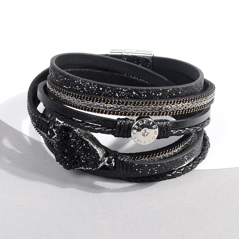 Artilady Leather Wrap Bracelet for Women - Handmade Clasp Bangle Bracelet with Pearl Beads Crystal Wristbands Jewelry Gift for Ladies and Mother