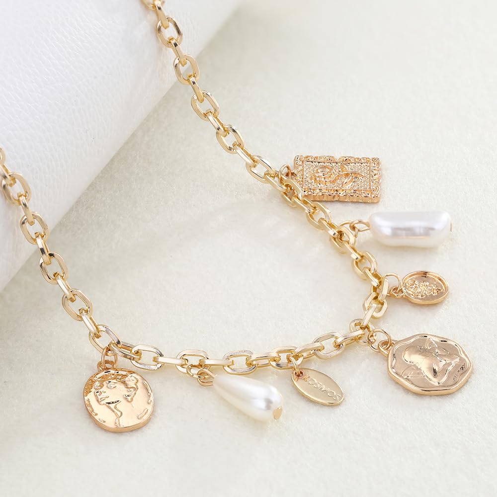 BONJOULRY Gold Charm Necklace for Women White Pearl Choker Head Portrait Square Pendant Necklace Boho Charm Necklaces Jewelry