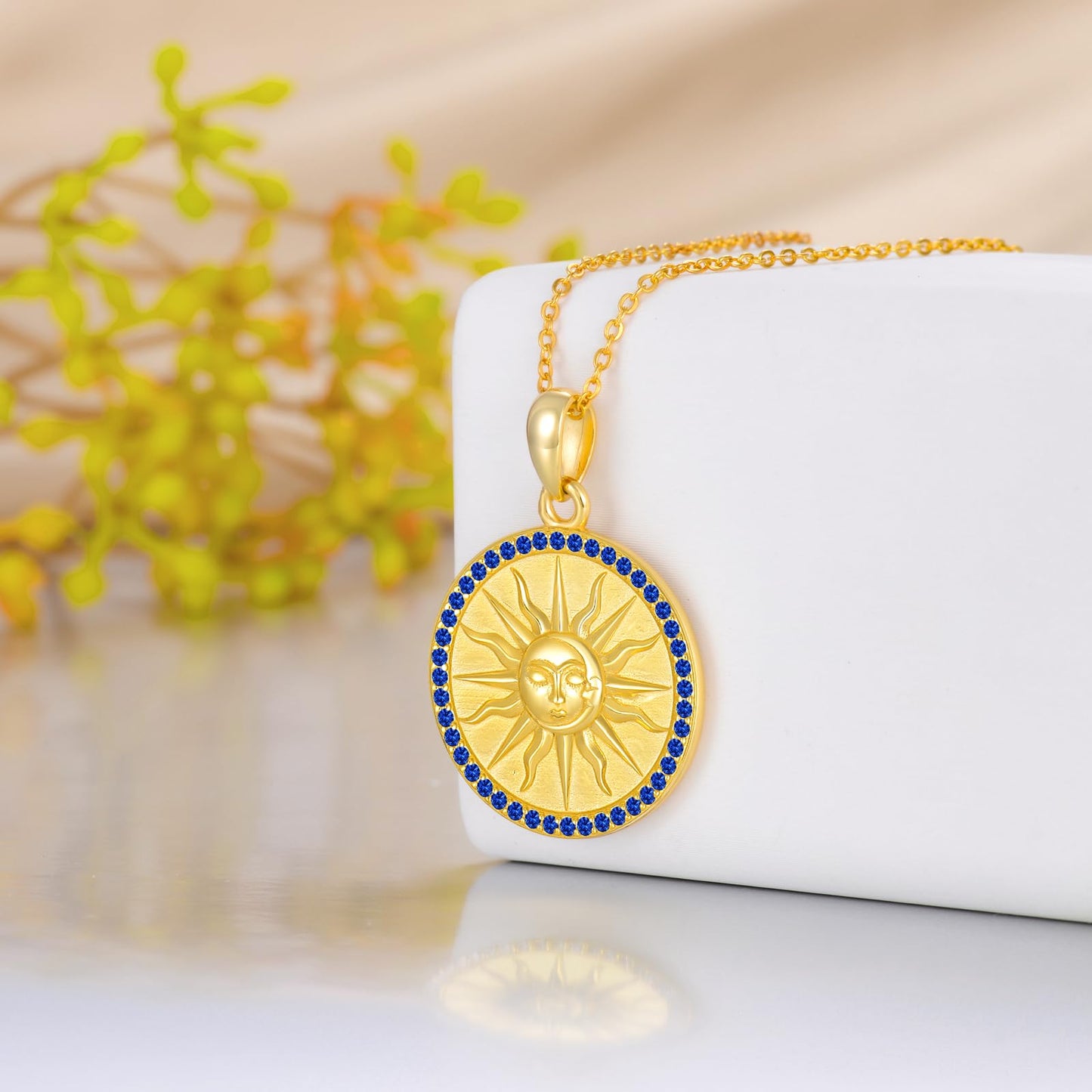 KQF Sun Necklaces for Women Birthstone Jewelry Gift Sterling Silver Sun 18K Gold Plated Coin Pendant September Jewelry Gift