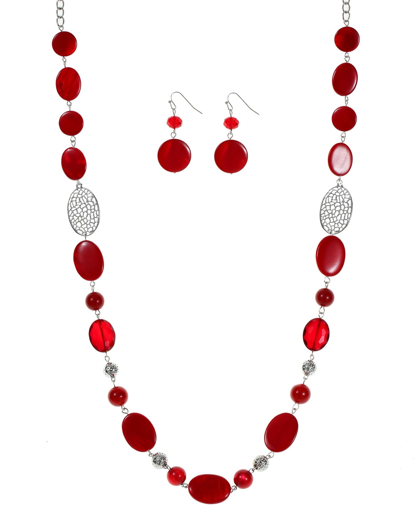 Aenu Beaded Long Necklace Set for Women Silver Gold Tone Sweater Chain Stone Crystal Beads Necklace Trendy Fashion Jewelry for Holiday Gifts (Red)