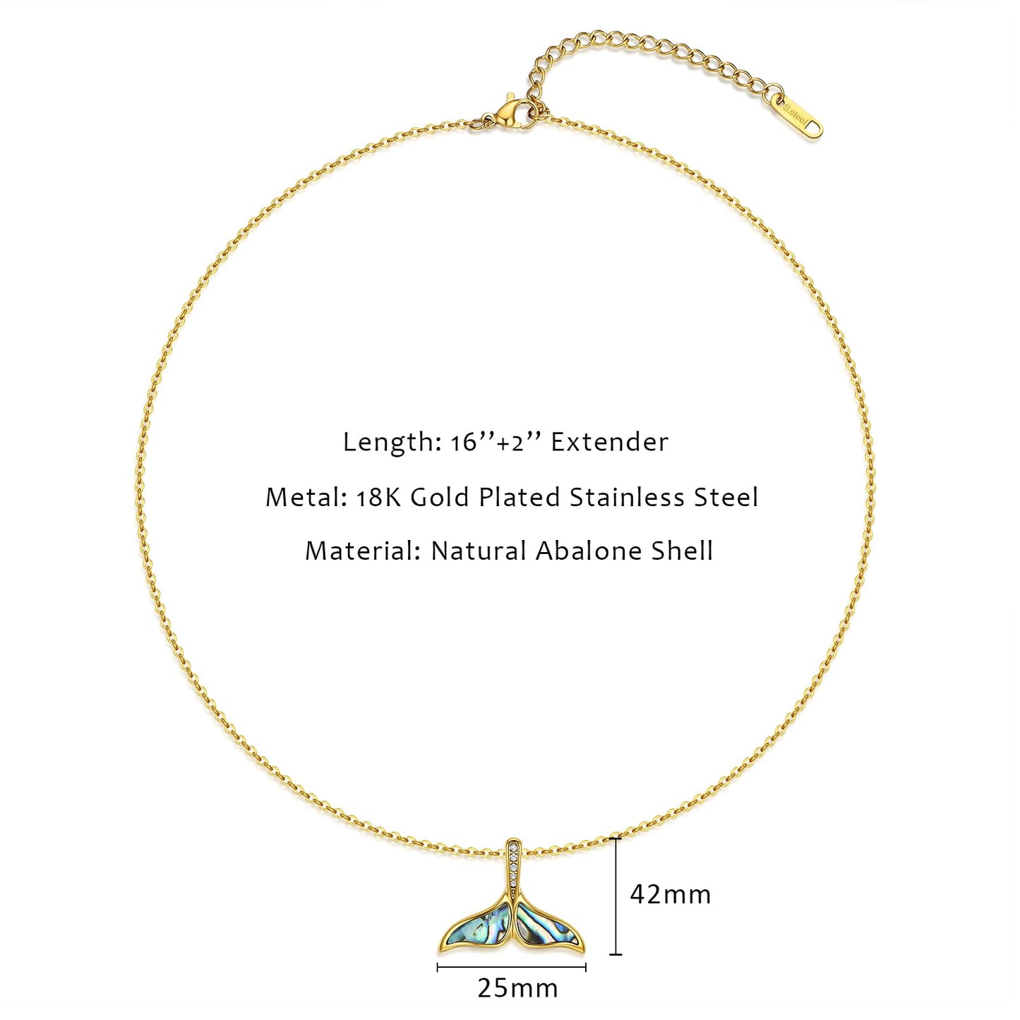 NUZON Abalone Shell Whale Tail Necklace for Women - 18K Real Gold Plated Stainless Steel Dainty Mermaid Tail Pendant Tropical Vacation Necklace, Hypoallergenic Waterproof Adjustable Beach Layering Jewelry Gift 16’’