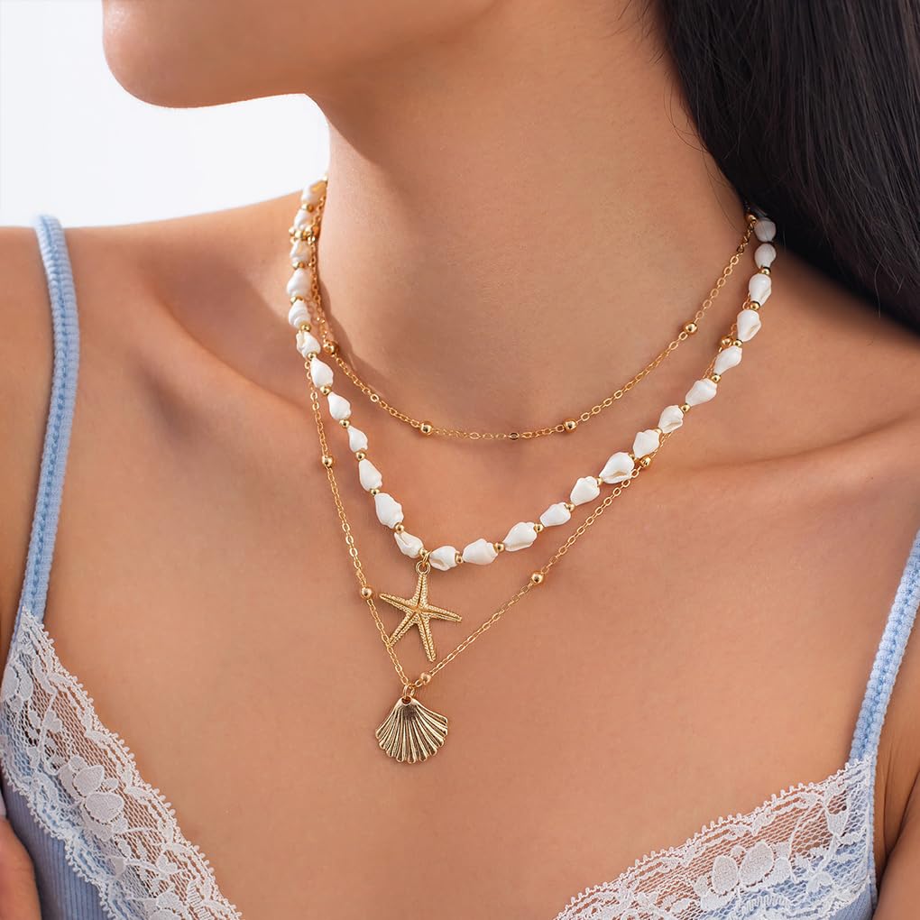 Twentylo Layered Gold Chunky Starfish Necklace for Women,Trendy Boho Shell Choker Necklace,Dainty Beach Holiday Dress Jewelry (Layered)