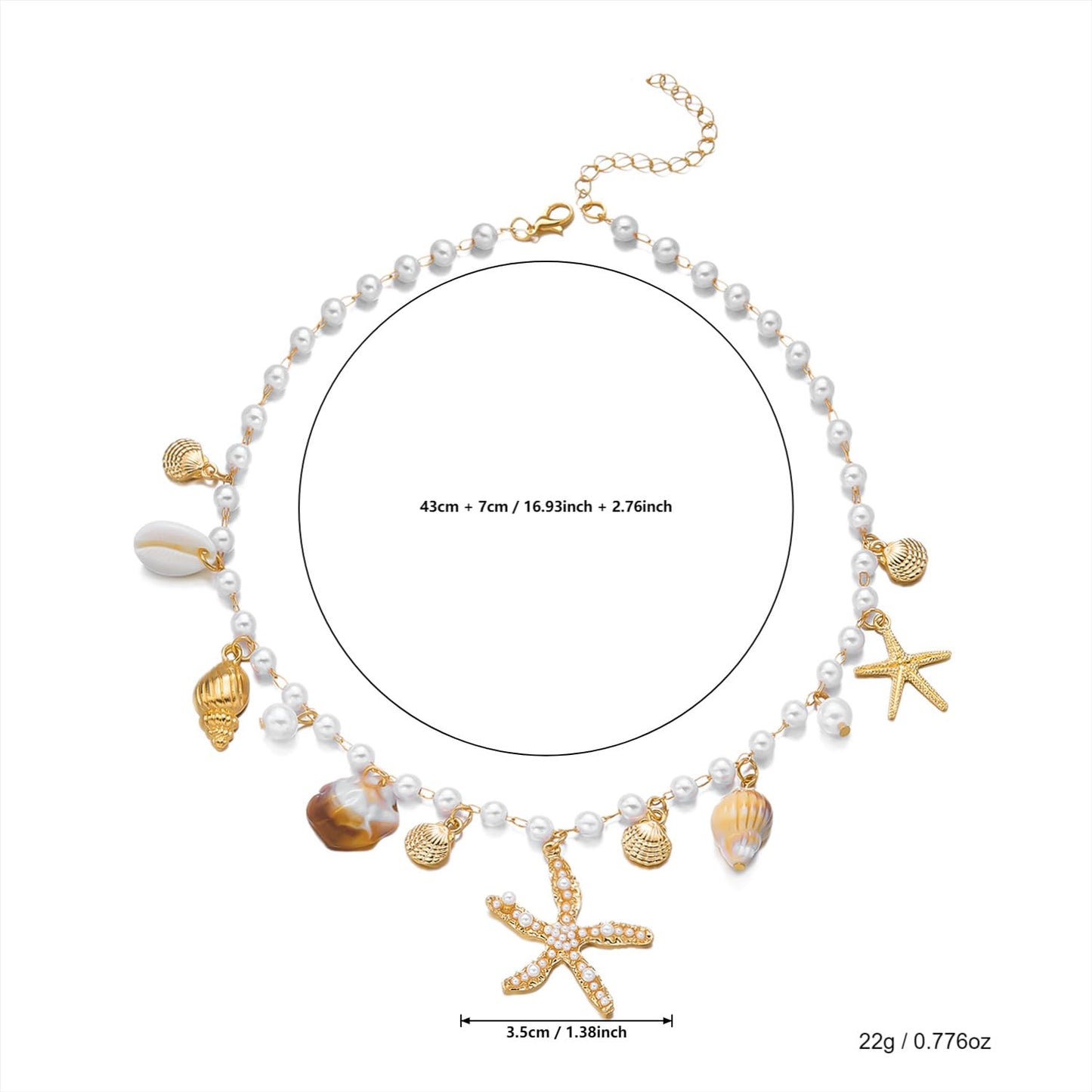 Shell Starfish Necklace for Women Gold Plated Pendant Pearl Necklace Boho Beaded Dainty Adjustable Necklaces Shell Conch Summer Beach Cuff Jewelry Accessories