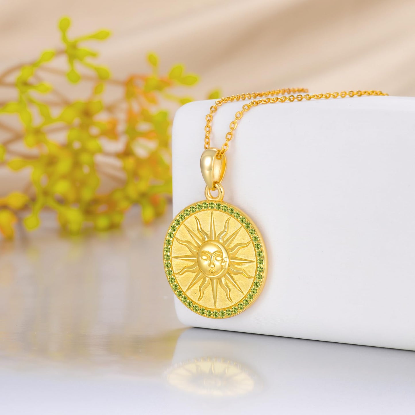 KQF Sun Coin Necklaces for Women Birthstone Jewelry Gift Sterling Silver Sun 18K Gold Plated Pendant August Jewelry Gift for Mom