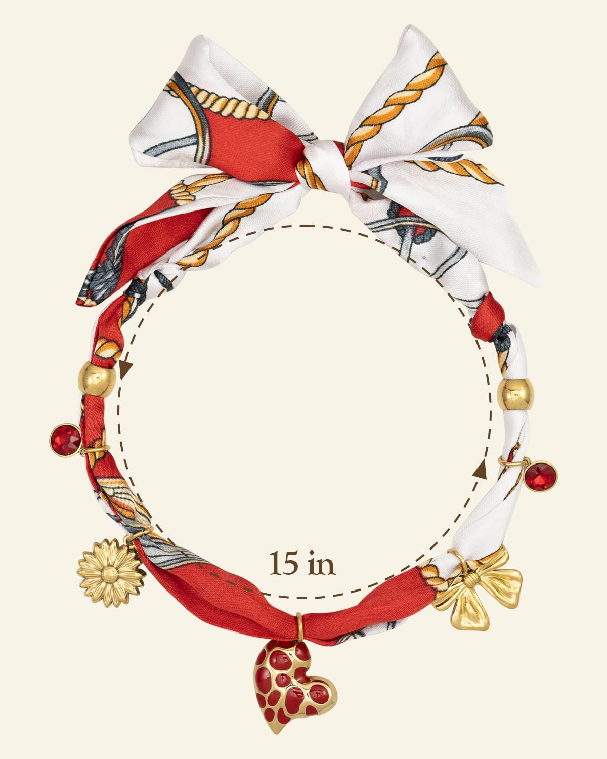 DoDoBeads Scarf Charm Necklace – Vintage Love – Red Enamel Heart & Bow Charm Necklace with Gold-Tone Stainless Steel Accents