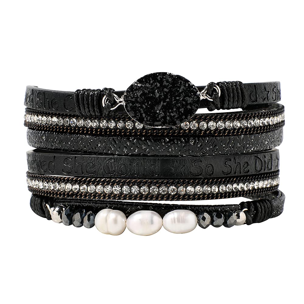 Artilady Leather Wrap Bracelet for Women - Handmade Clasp Bangle Bracelet with Pearl Beads Crystal Wristbands Jewelry Gift for Ladies and Mother