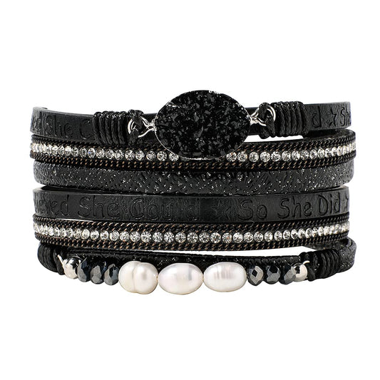 Artilady Leather Wrap Bracelet for Women - Handmade Clasp Bangle Bracelet with Pearl Beads Crystal Wristbands Jewelry Gift for Ladies and Mother