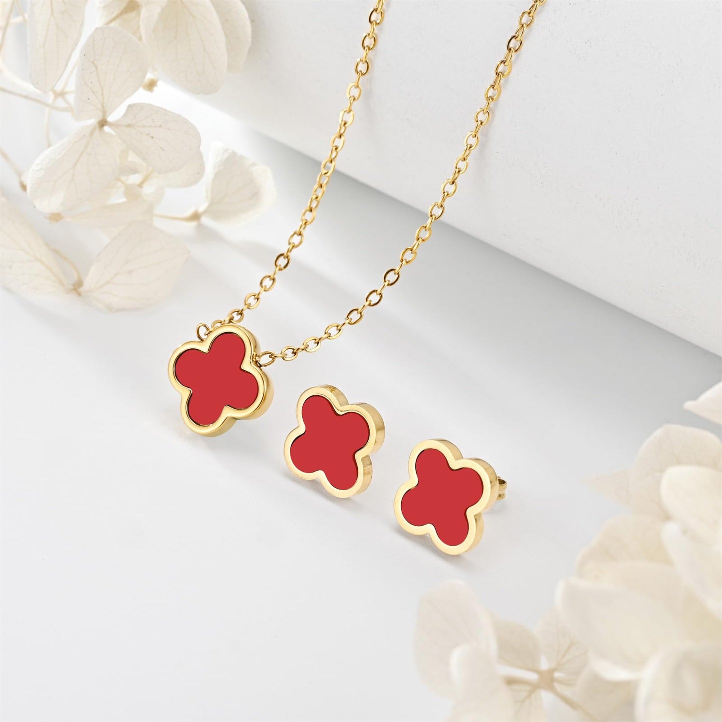 KYJAC Clover Jewelry Set - 18k Gold Plated Pendant Necklace and Stud Earrings - White, Black, Red Four Leaf Clover - Gifts for Women (Gold Red Set)