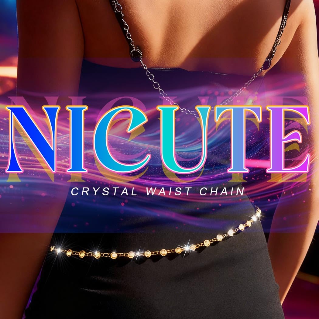 Nicute Rhinestone Belly Chain Gold Waist Chain Sparkly Body Jewelry for Women (Gold)