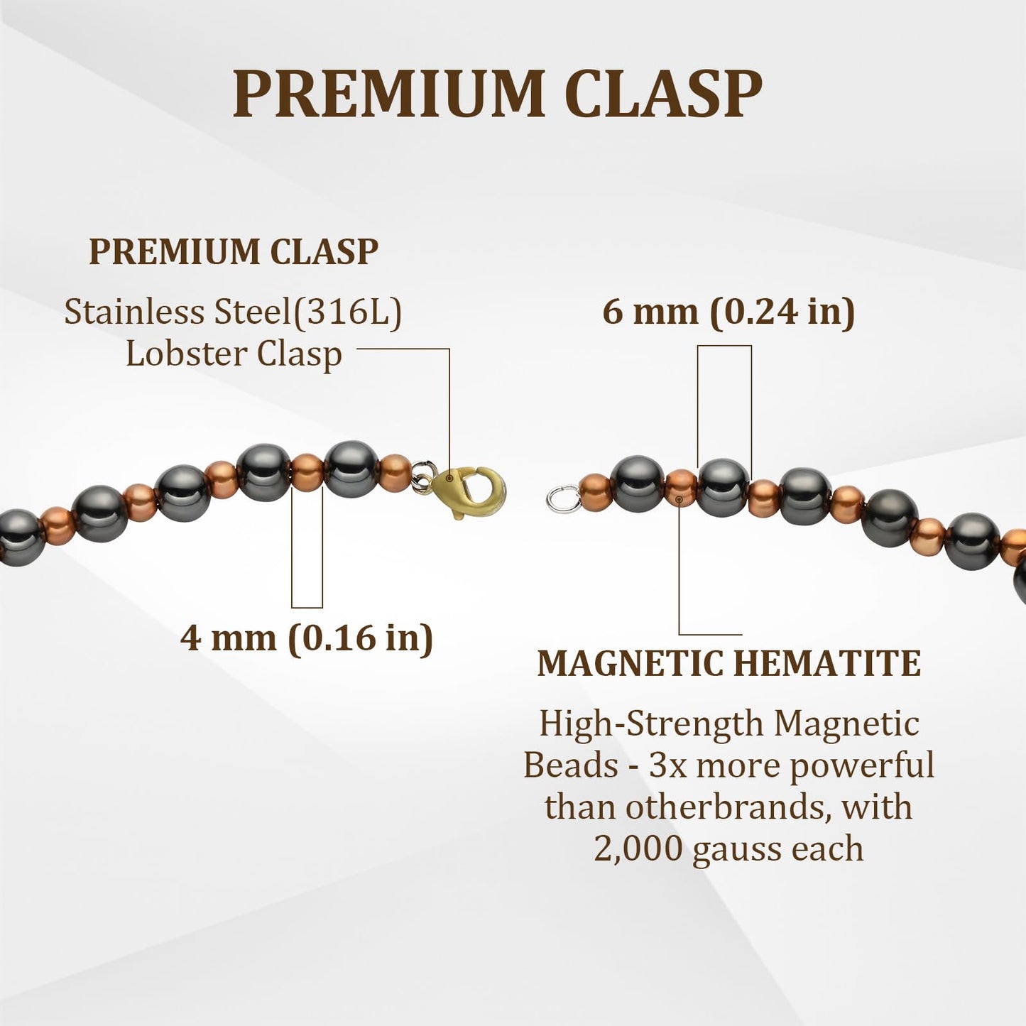Fashtour Magnetic Hematite for Men and Women, 8MM and 6MM Magnetic Hematite with 6MM and 4MM Pure Copper, 53CM Handmade Energy (CN-Small)