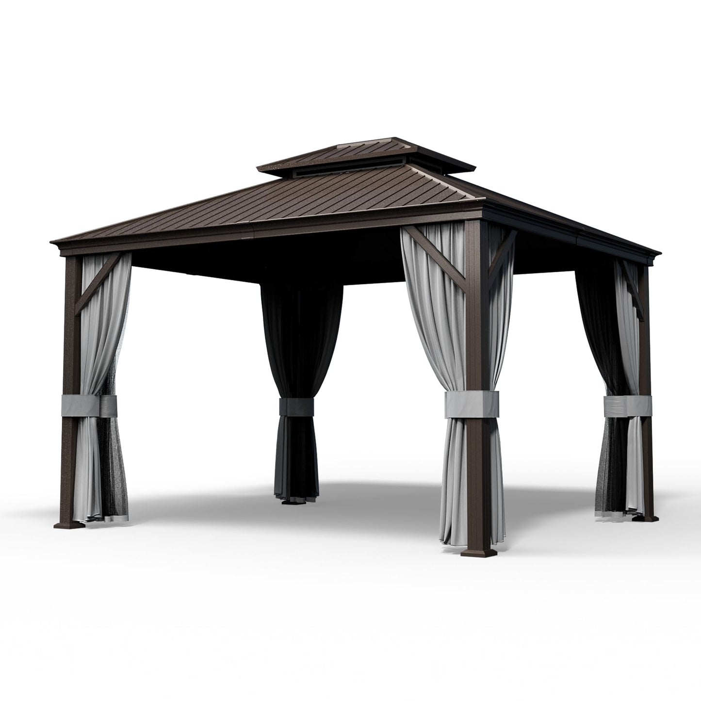 PAMAPIC 10x12FT Premium Hardtop Gazebo, 2-Tier Galvanized Steel Roof with Aluminum Frame, UV-Proof Curtains & Mosquito Netting, All-Weather Outdoor Pavilion for Backyard, Garden & Parties,Brown