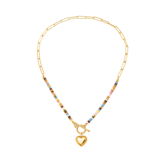 PEARLADA Dainty Gold Plated Heart Pendant Necklace, Colorful Beads Mix Paperclip Chain Necklace, Statement Trendy y2k Jewelry