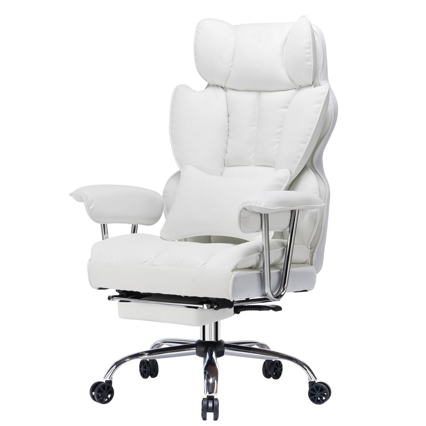 Efomao Big and Tall Office Chair 400lbs – High Back Executive Chair with Swivel Base, PU Leather Upholstery, Lumbar Pillow, Padded Armrests, and Rolling Wheels，White Computer Chair