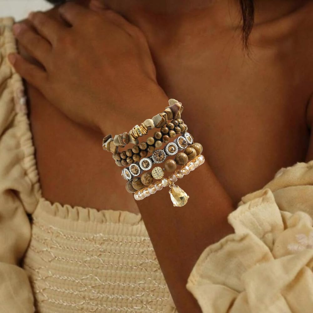 Yomisa Boho Beaded Bracelets for Women,Multilayer Wrap 5PCS Healing Natural Jasper Stone Bead Bracelets Handmade Stackable Friendship Stretchy Beaded Bracelet Set Trendy Bohemian Jewelry Gift Women