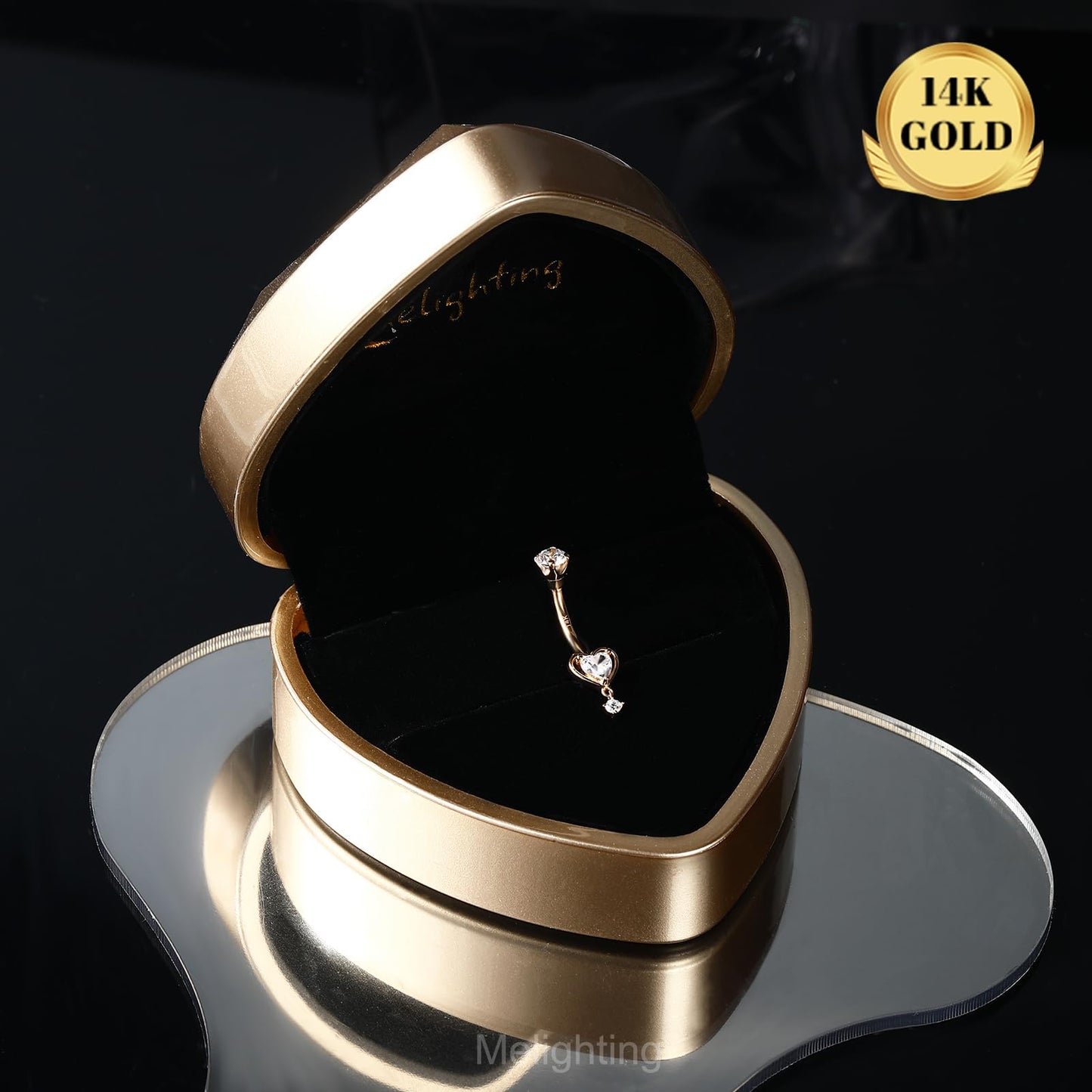 Melighting 14K Solid Gold Belly Button Ring Heart Belly Ring Gold Dangle Belly Piercing Jewelry 14G Navel Ring for Women