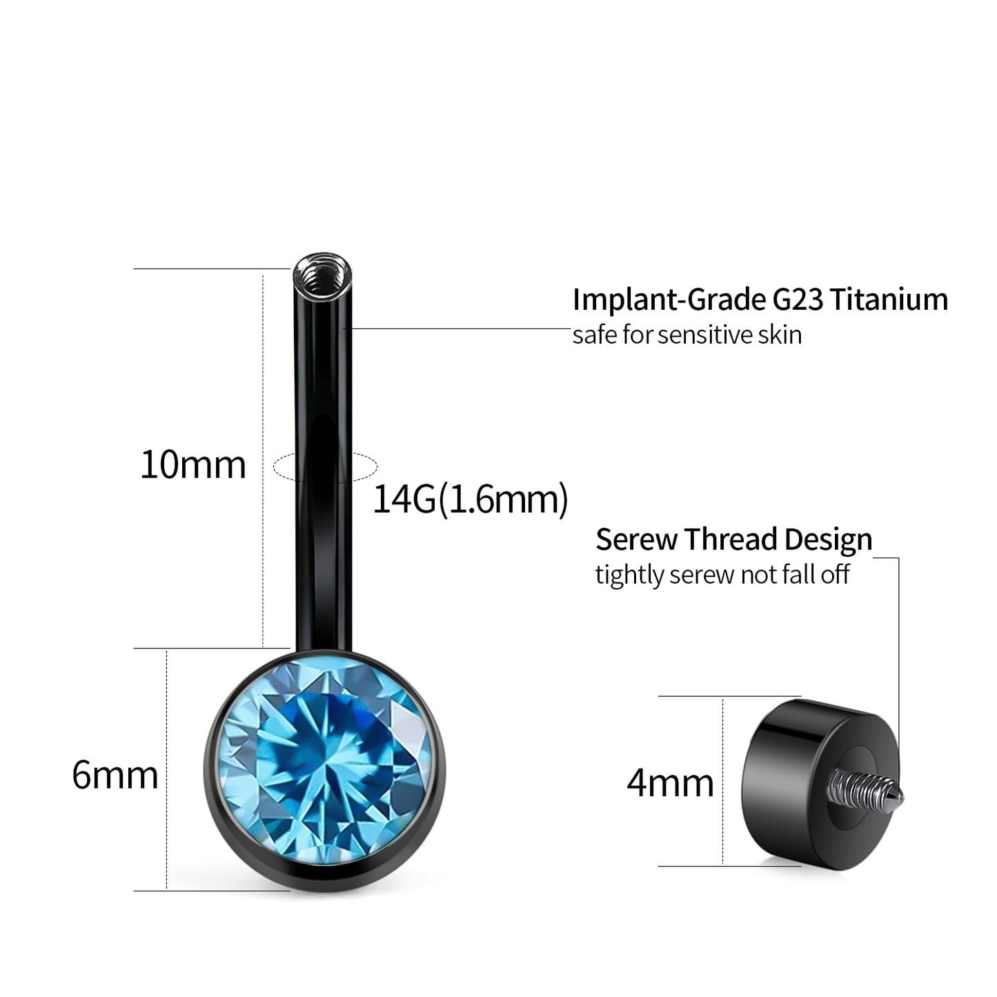 XUU Titanium Belly Button Rings, Black & Silver – 14G Internally Threaded Navel Piercing Jewelry, 10mm & 12mm Curved Barbells with 7 Colors Gems – Hypoallergenic (Black-Blue cz, 10MM)