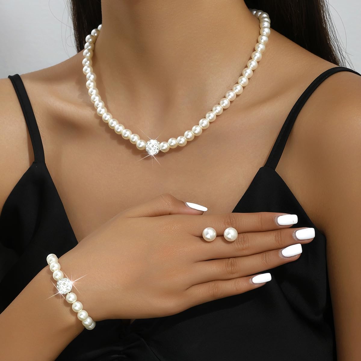 CSIYANJRY99 Pearl Necklace and Earring Set Faux Pearl Prom Jewelry Sets for Women Imitation Beaded Pearl Necklace Bracelet Stud Earrings for Women (C)