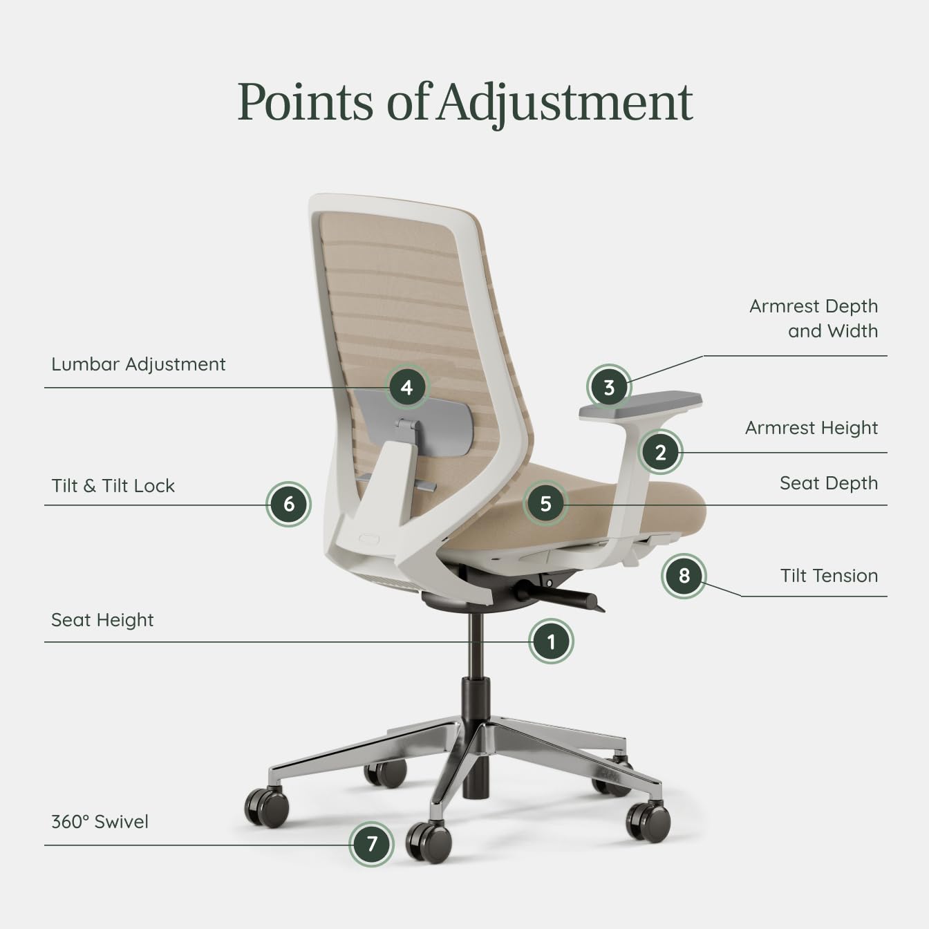 Branch Ergonomic Chair - A Versatile Desk Chair with Adjustable Lumbar Support, Breathable Mesh Backrest, and Smooth Wheels - Experience Optimal Comfort and Support - Sand - White