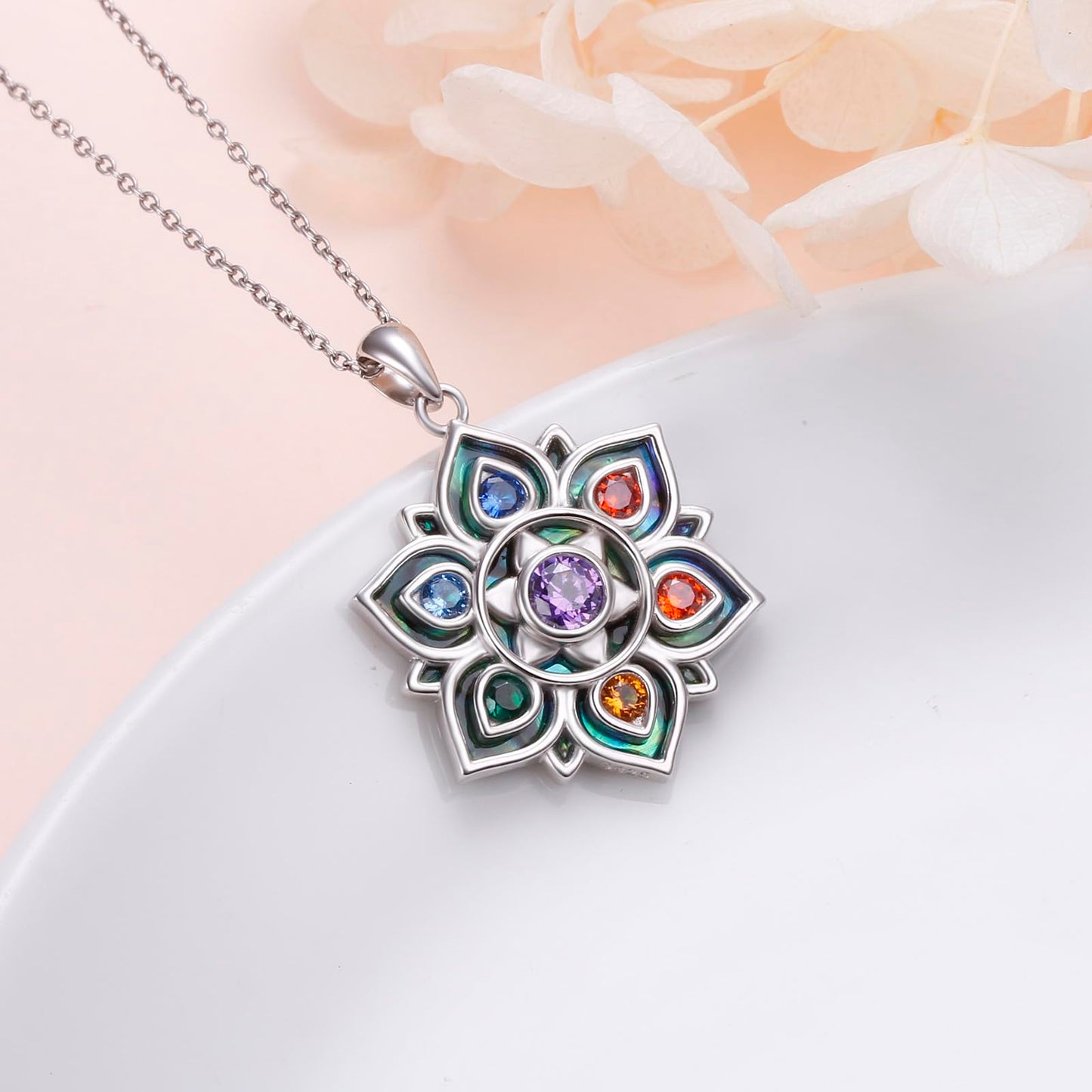 FLYOW 7 Chakra Necklace 925 Sterling Silver Lotus Flower Abalone Shell Yoga Energy Balance Pendant Spiritual Healing Jewelry Birthday Gifts for Anxiety Stress Relief Balancing Meditation