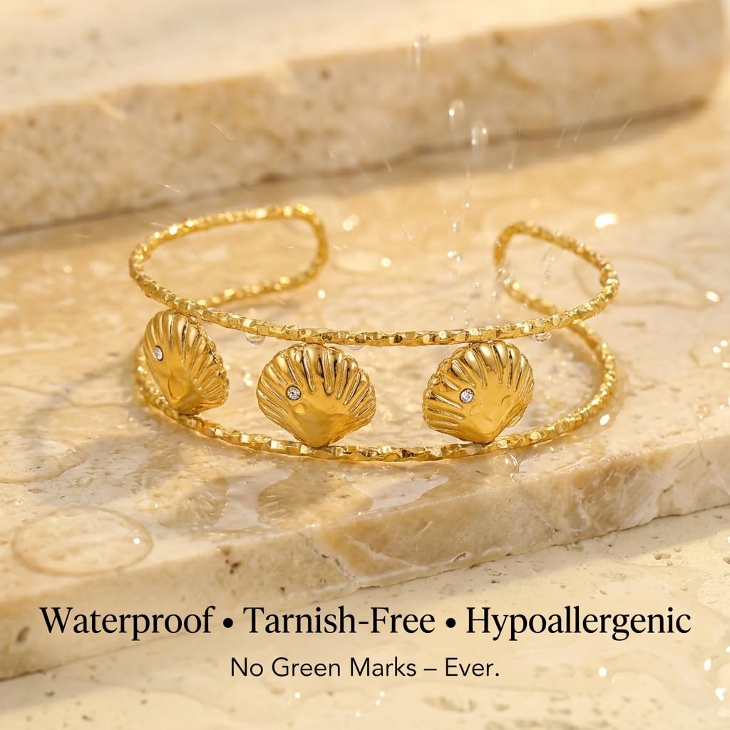 MystiGlimmer Starfish Bracelet with Luxury Gift Box 18K Gold Plated Stainless Steel, Adjustable Open Cuff, Waterproof & Hypoallergenic Jewelry Gift for Women (3Seashell)