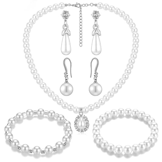 Glenmal Pearl Rhinestone Jewelry Set for Women Pearl Necklace Bracelet Earrings for Wedding Birthday Bridal Shower Tea Party(5 Pcs,Refined Style)