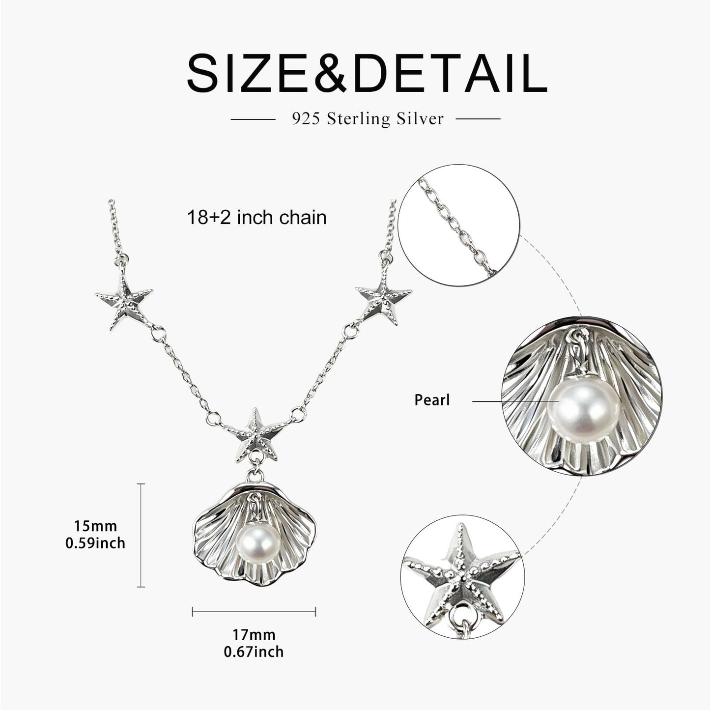 Shell Necklace for women, 925 Sterling Silver Pearl Necklace for Summer Beach Vacation, Shell Starfish Pendant for Birthday Anniversary Valentine's Day Ideal Gift (Pearl)