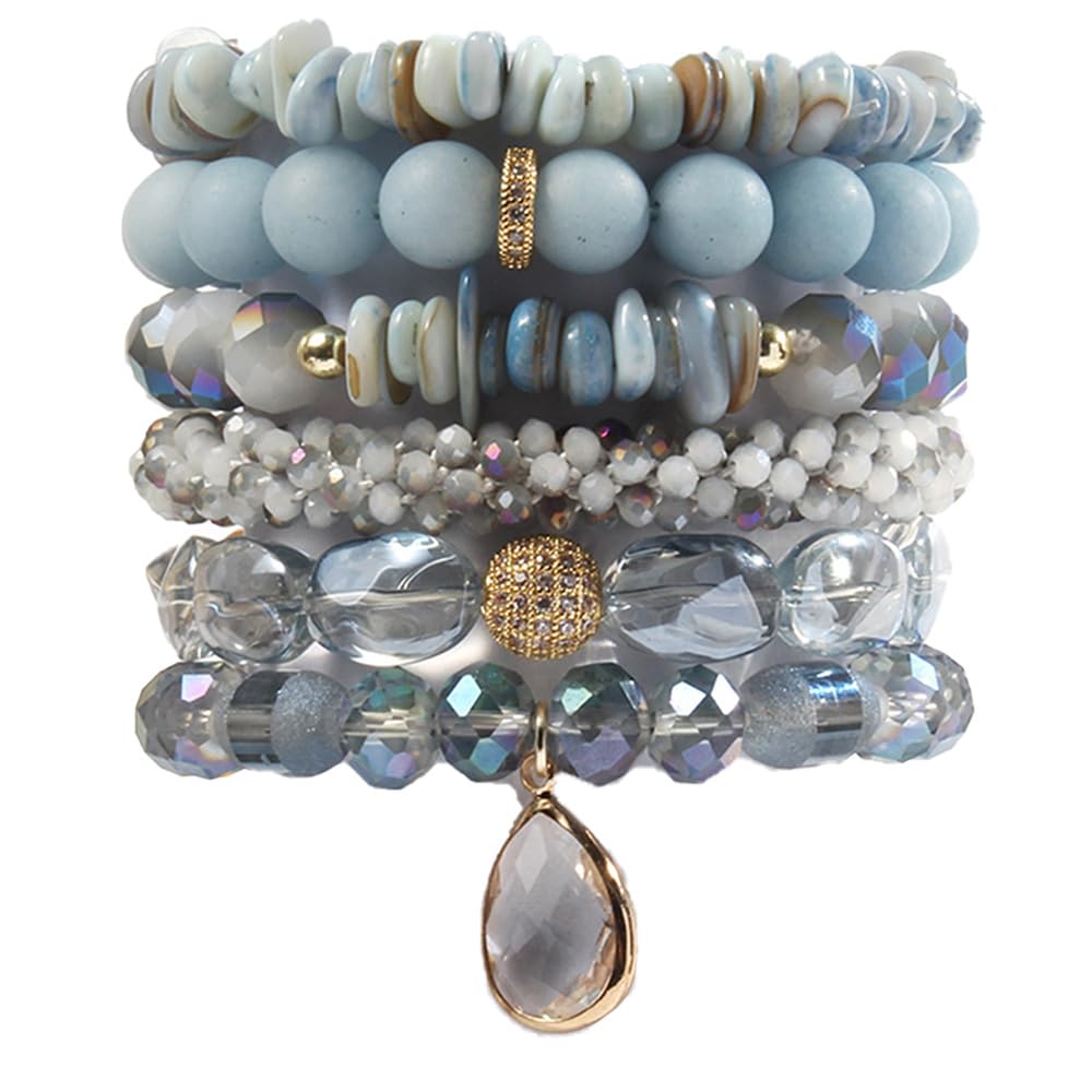 Yomisa Boho Beaded Bracelets/Bangle for Women,Multilayer Wrap 6PCS Healing Natural Jasper Crystal Stone Bead Bracelets Stackable Friendship Stretch Beaded Bracelet Set Trendy Bohemian Jewelry Gift