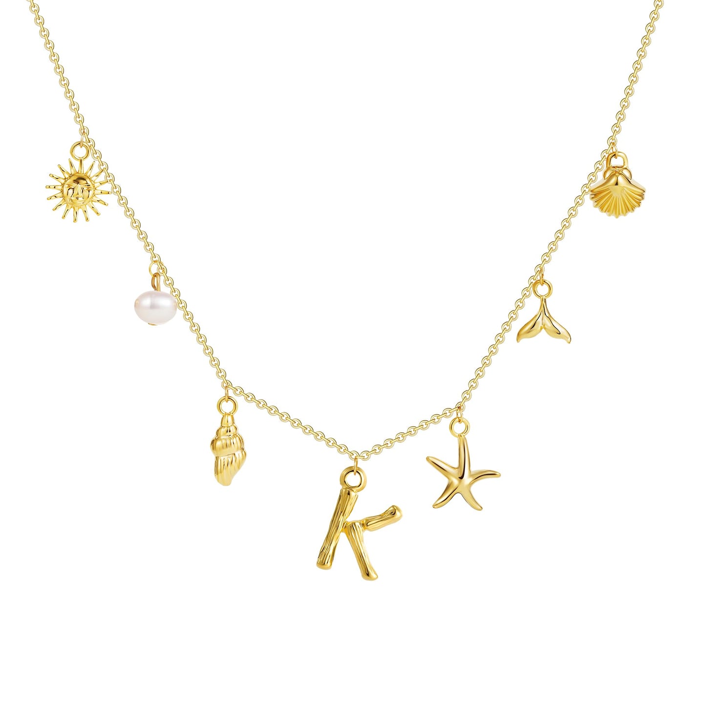 SLOONG Beach Accessories - 14K Gold Plated Letter Neckalce Freshwater Pearl Necklace Choker Boho Summer Seashell Beach Starfish Surfer Jewelry Gifts for Women