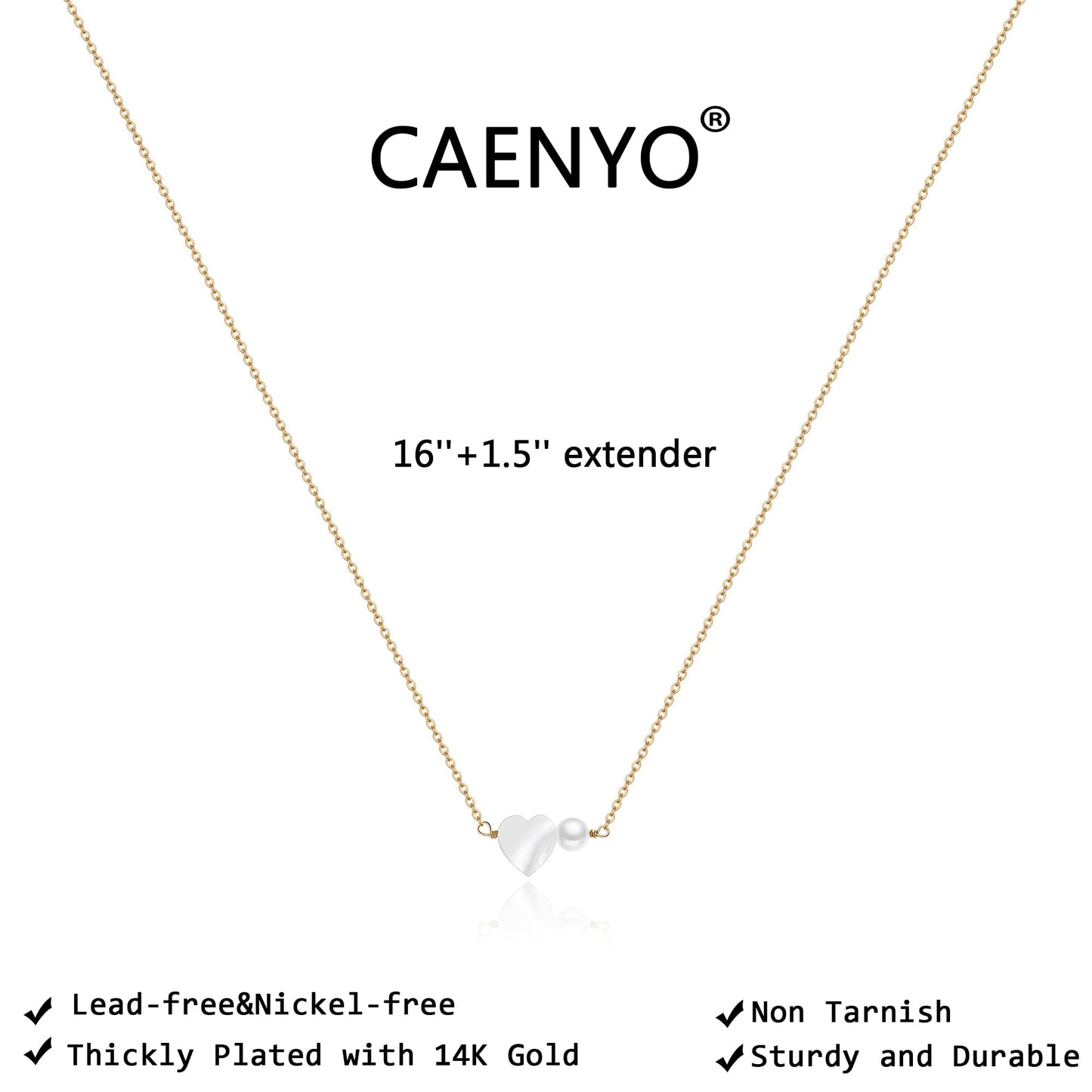 Caenyo Love Heart Pearl Necklace, A Romantic Gift for Her, 14K Gold Plated Dainty Jewelry for Wife, Girlfriend on Valentine's Day, Anniversary, Birthday, Adjustable 16+2"