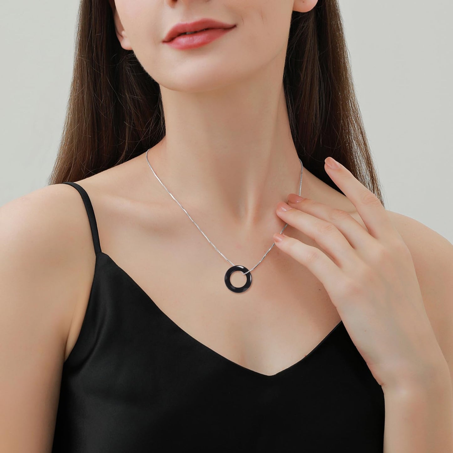 AOBOCO 925 Sterling Silver Circle Necklace with Obsidian Necklace for Women Birthday Gift Christmas Holiday Gift (Dia 0.78" Obsidian)