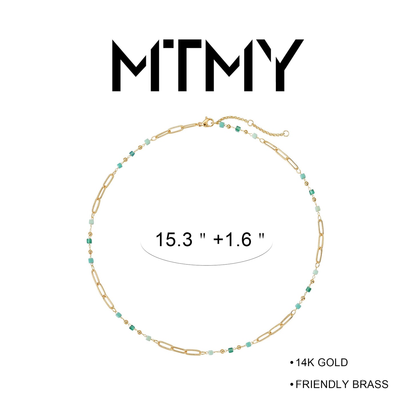 MTMY Beaded Necklaces for Women 14K Gold Plated Dainty Colorful Green/Rose Beaded Pearl Choker Necklace Delicate Boho Choker Necklace Jewelry Gift (beads paper clip)