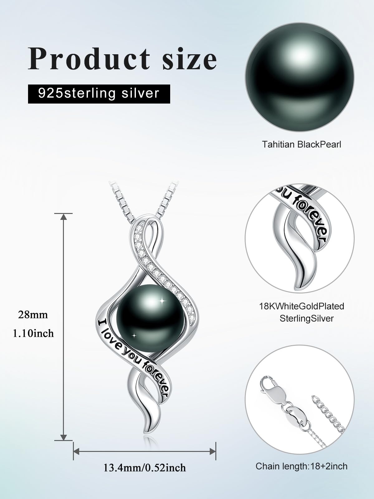 KANNSOAR Tahitian Black Pearl Necklace, 18K Gold Plated, I Love You Forever Pendant 9MM Pearl Jewelry Anniversary Wedding Valentines Day Christmas Mothers Day Gift for Women