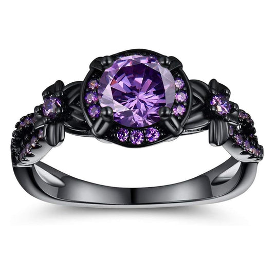 Synthetic Amethyst Ring for Women, 18K Black Gold Plated Vintage Purple CZ Stone Wedding Band Gemstone Engagement Rings, Available Sizes 5-10 (7)