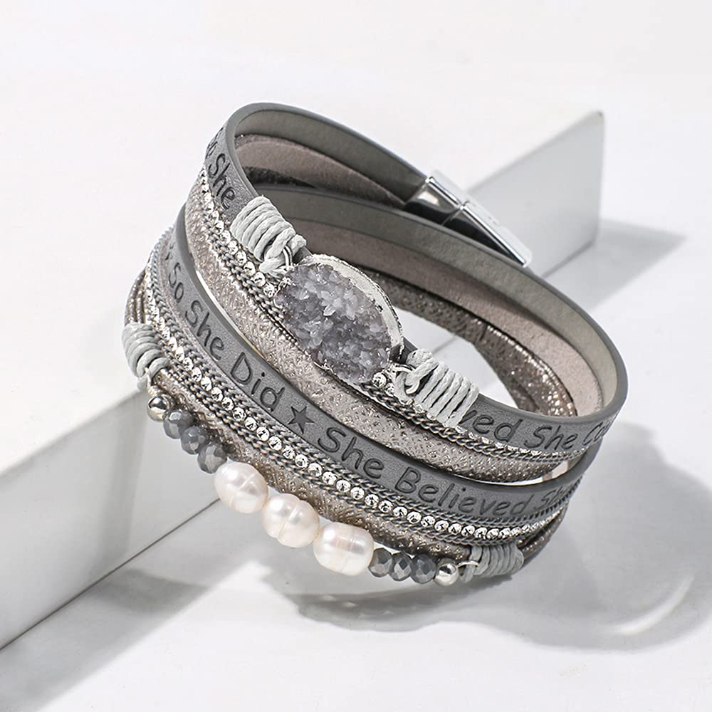 Artilady Leather Wrap Bracelet for Women - Handmade Clasp Bangle Bracelet with Pearl Beads Crystal Wristbands Jewelry Gift for Ladies and Mother
