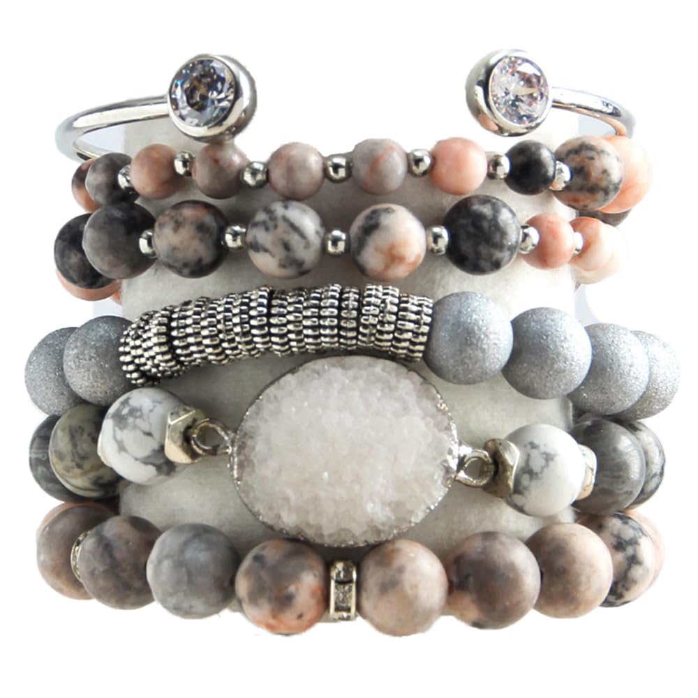 Yomisa Boho Beaded Bracelets/Bangle for Women,Multilayer Wrap 5PCS Healing Natural Zebra Jasper Stone Bead Bracelets Stackable Friendship Stretch Beaded Bracelet Set Trendy Bohemian Jewelry Gift