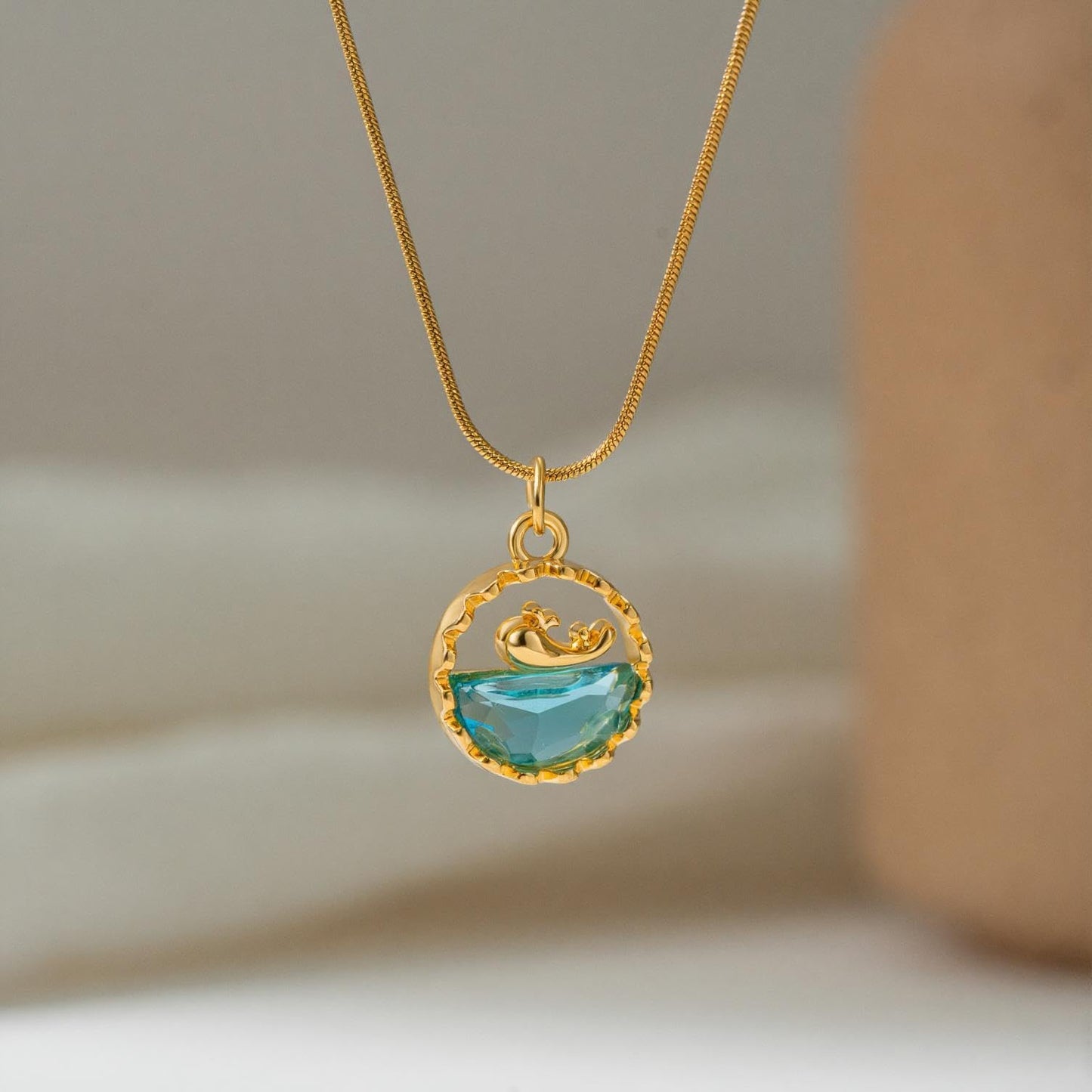 JGHIFLYE Ocean Whale Circle Pendant Necklace for Women, Gold Tone Stainless Steel Adjustable Lobster Clasp Blue Crystal Beach Jewelry