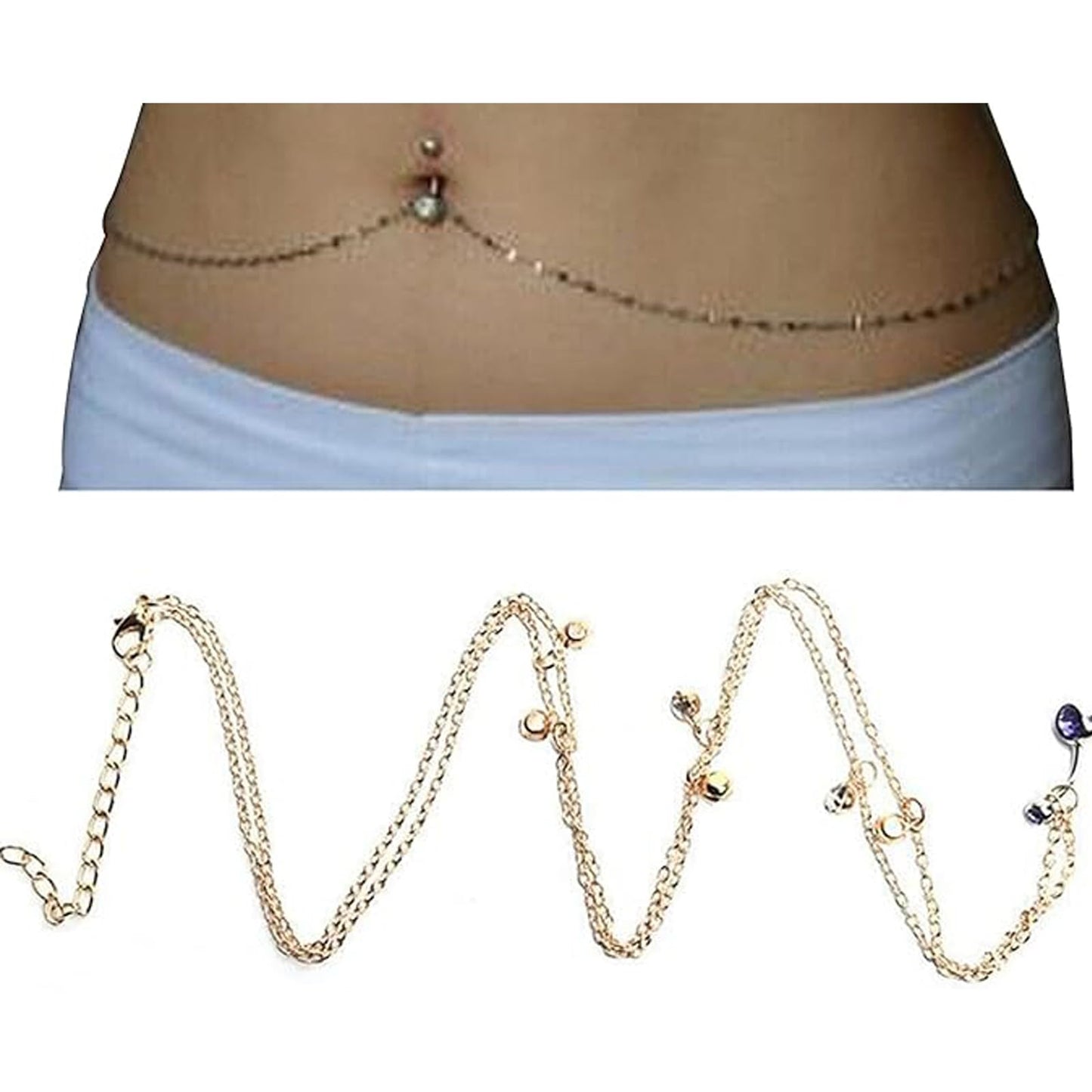 Sexy Rhinestone Waist Chain with Heart Dangle Belly Summer Crystal Button Chain Navel Piercing Belly Ring Chain Bikini Festival Rave Dancer Belly Body Chain Jewelry for Women (Gold)