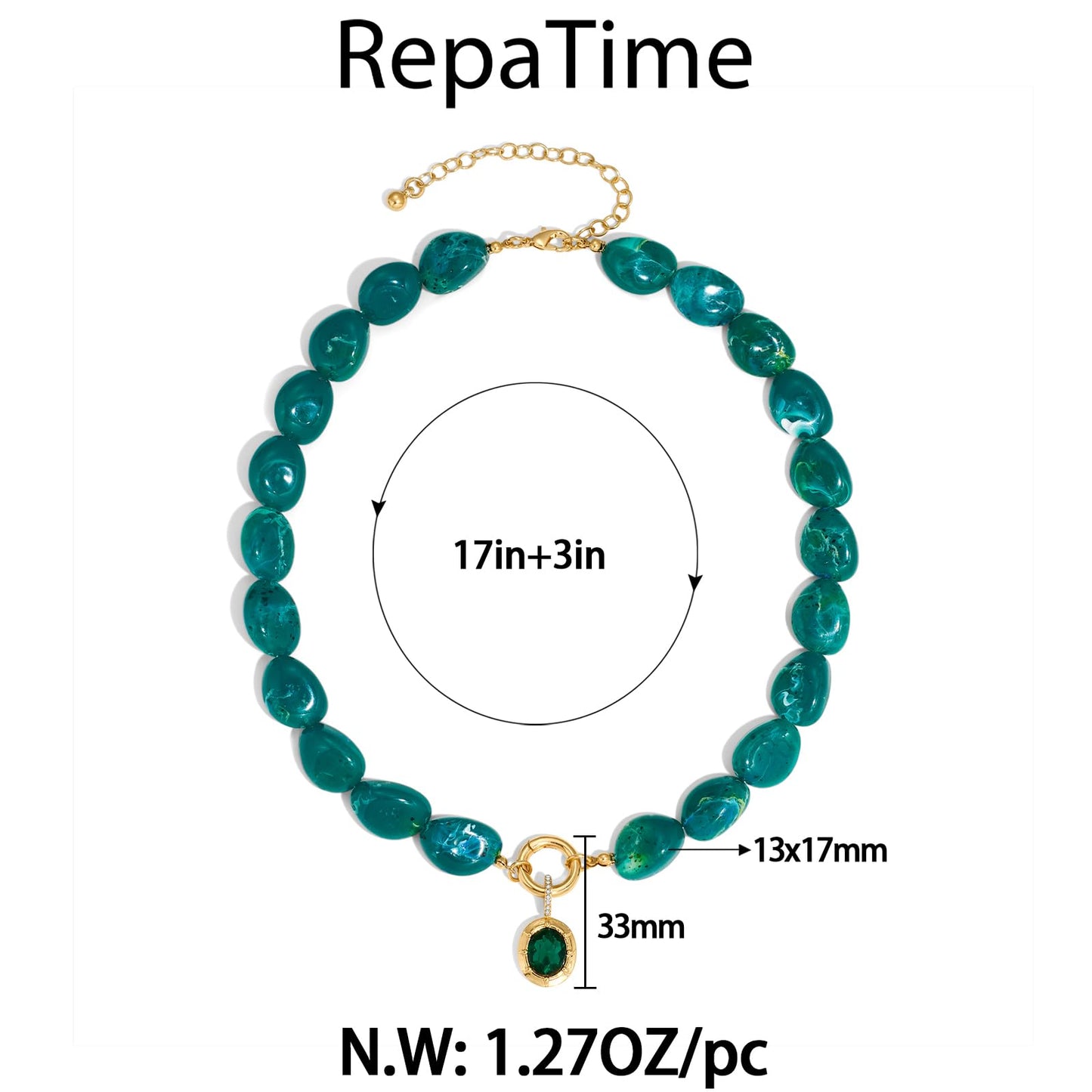 Boho Chunky Green Resin Beaded Necklace for Women, 14K Gold Plated Statement Necklace with Oval Emerald Cubic Zirconia Pendant, Vintage Layered Choker Necklaces for Wedding Prom Party Jewelry Gifts